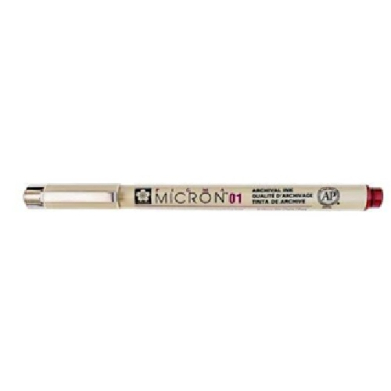 Beige Micron 01 archival drawing pen with a silver cap on the left and a red cap on the right.