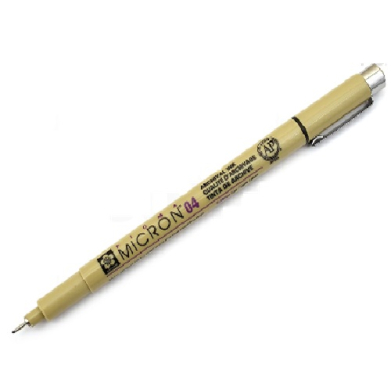 Beige Micron 04 fineliner pen with silver clip and cap, angled for drawing/sketching use