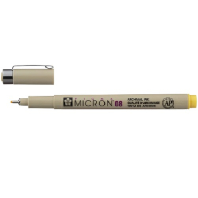 Beige Micron 08 archival ink drawing pen with cap removed, showing fine tip and pocket clip.