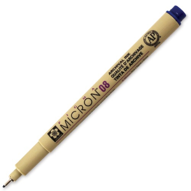 Beige Micron 08 archival drawing pen with a blue cap, angled to the right.