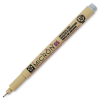 Beige Pigma Micron 05 archival‑ink pen with cap on top, tip visible at left. The body shows 'MICRON 05' branding.