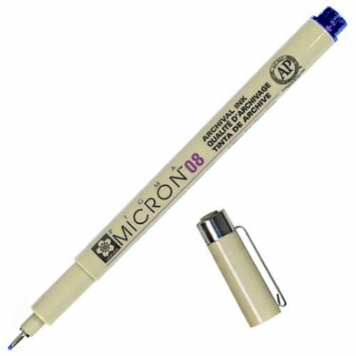 Beige Micron archival ink pen (size 08) with cap removed and cap placed nearby.