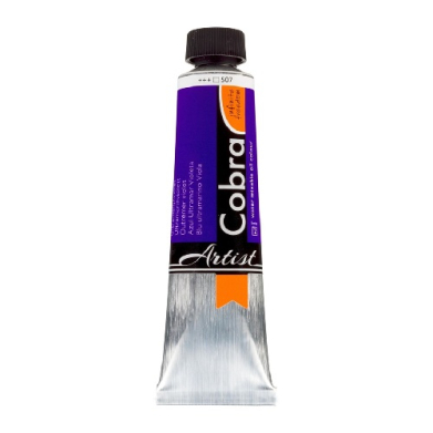Tube of Cobral Artist purple acrylic paint with a black cap on top of a white background.