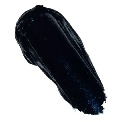 Diagonal swipe of black lipstick on a white background, showing glossy texture and rich color