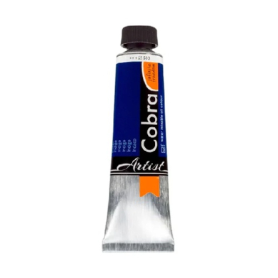 Cobra Artist oil paint tube with a blue label and orange accents, standing upright with a black cap.