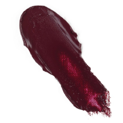 Dark red lipstick smear on a white background, curving from left to right.