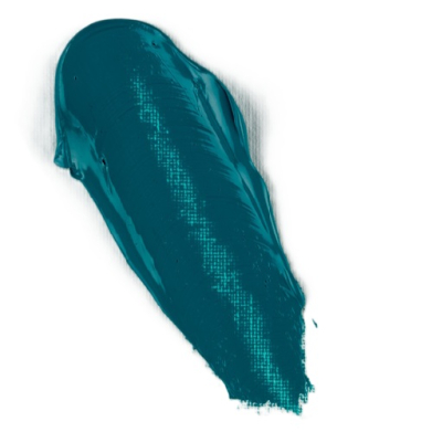 Teal paint smear brushstroke on a white background, with textured edges and glossy finish.
