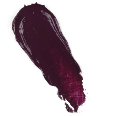 A single brush stroke of deep burgundy lipstick on a white background lies diagonally across the image.