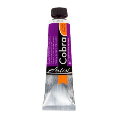 Purple Cobra Artist paint tube with black cap, orange accent, and a silver crimped tip, shown upright.