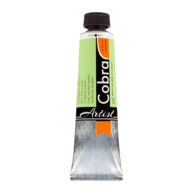Green and silver Cobra Artist paint tube with a black cap.