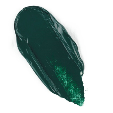Abstract dark green paint stroke on a white background, resembling a brush mark in glossy texture.