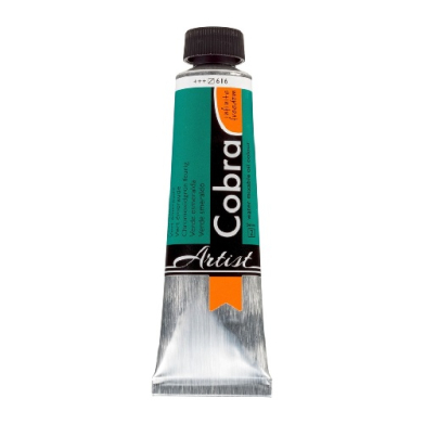 Cobra Artist oil paint tube with teal label, orange sticker, black cap, and silver crimped bottom