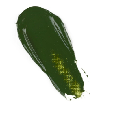 Dark green paint brushstroke on a white background, with a yellow speckled area toward the bottom right.