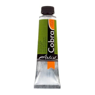 Oil color tube: green Cobra Artist paint with black cap and orange label, showing the metal-wrapped tip.