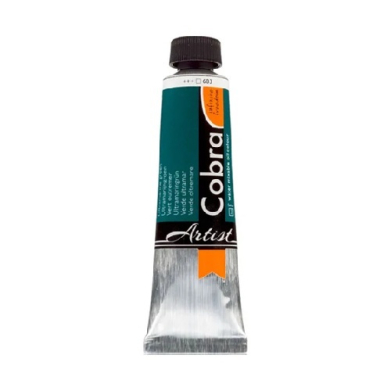 Artist's paint tube with teal label and orange accent, black cap, and silver foil at the base (Cobra/Artiste style).