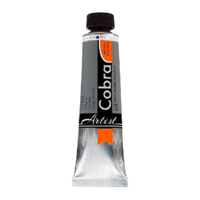 Tube of artist-grade paint with gray and black label, orange accent, and a squeezed silver tip.