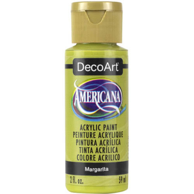 Bottle of DecoArt Americana acrylic paint in Margarita color with a gold cap and yellow-green label.