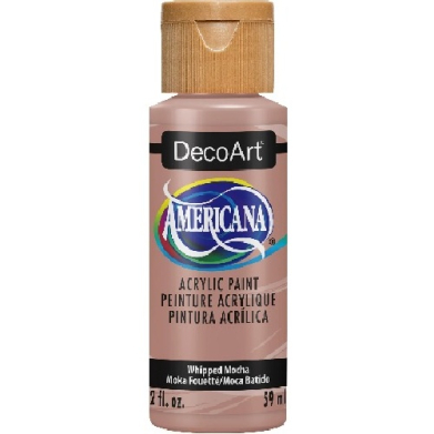 Bottle of DecoArt Americana acrylic paint in Whipped Mocha with a gold cap.