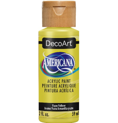 Bottle of DecoArt Americana acrylic paint in Yuzu Yellow with a tan cap?cap.