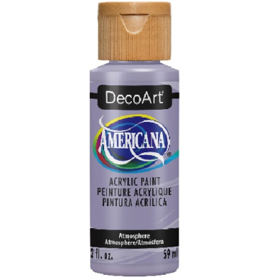 Bottle of DecoArt Americana acrylic paint with a tan cap; lavender label and logo visible.