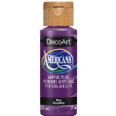 Purple acrylic paint bottle from DecoArt Americana with a gold cap; label shows 'Muse' and indicates 2 fl oz (59 ml).