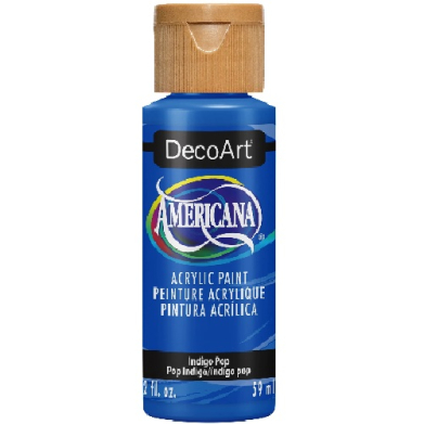 Blue DecoArt Americana acrylic paint bottle labeled Indigo Pop, with a tan cap (2 fl oz / 59 ml).