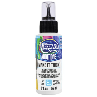 Bottle of Americana Additions Make It Thick spray paint for acrylics, 2 fl oz (59 ml), label shows 8:1 mix ratio and colorful design
