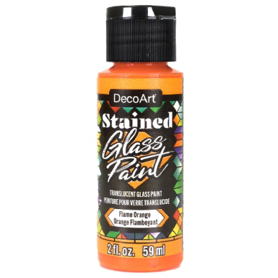 Orange DecoArt Stained Glass Paint bottle, Flame Orange, translucent glass paint, 2 fl oz (59 ml) with a black cap.