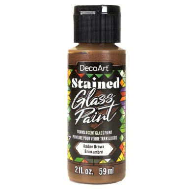 DecoArt Stained Glass Paint bottle in Amber Brown, 2 fl oz (59 ml), translucent glass paint with a black cap.