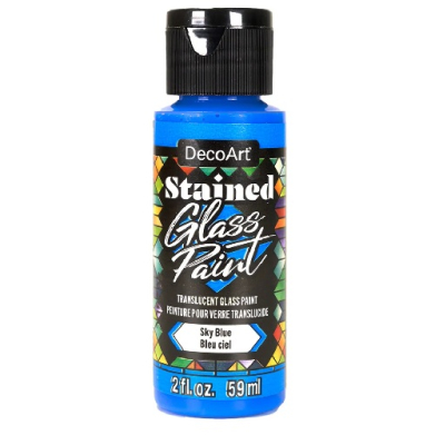 Bottle of DecoArt Stained Glass Paint in Sky Blue (2 fl oz / 59 ml) with black cap and stamped label indicating translucent glass paint.