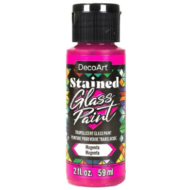 Magenta DecoArt Stained Glass Paint bottle with black cap; translucent glass paint, 2 fl oz (59 ml).