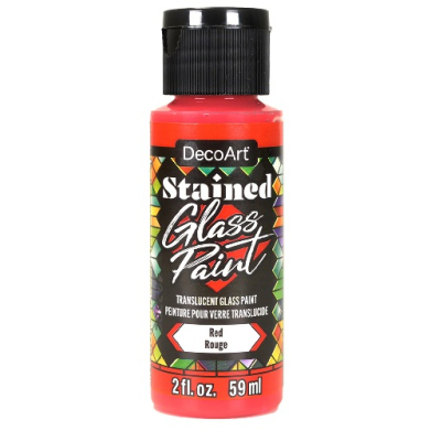 Red bottle of DecoArt Stained Glass Paint, 2 fl oz (59 ml), for translucent glass art with a black cap.