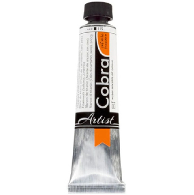 Copper-colored 'Cobra' artist oil paint tube with black cap and orange label, standing upright.