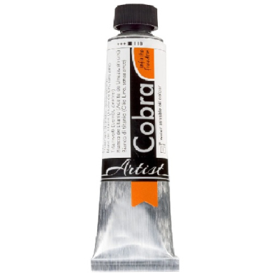 Tube of Cobra Artist oil color paint with black cap and white-orange label