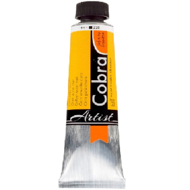 Tube of artist oil paint with orange label and black band, cap on top, silver metal base visible.
