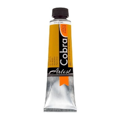 Orange-and-black tube of artist paint with a black cap and white label at the center.