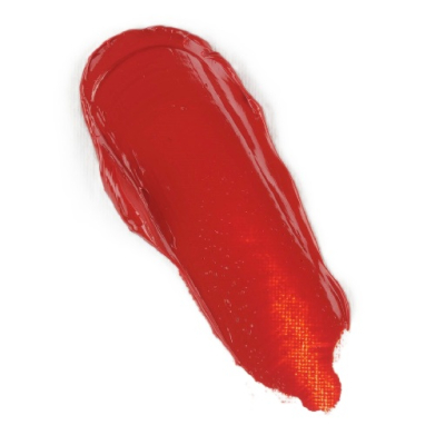 Bright red paint stroke smeared diagonally on a white background, with glossy texture.