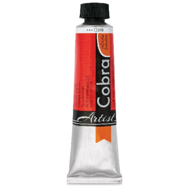 Red-painted tube of artist's paint with a black cap, standing upright.