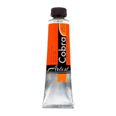 Paint tube labeled 'Cobra Artist' with an orange label and black cap, standing upright.