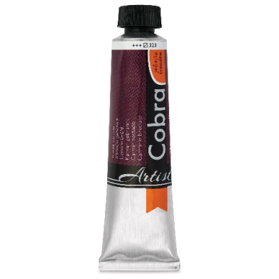 Metal paint tube with maroon and silver label, black cap, and orange accent, standing upright. The label reads 'Cobral Artista'.