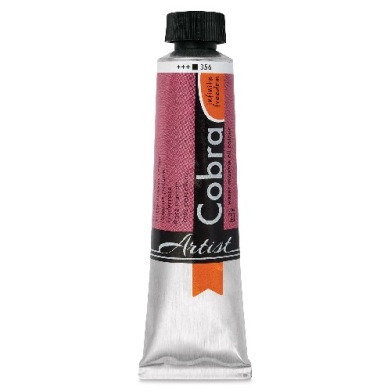 Tube of red artist's paint with a black cap, standing upright.