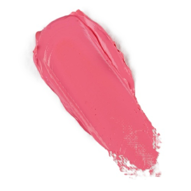 Pink lipstick swatch on white background, showing glossy cream texture and vibrant coral-pink color.