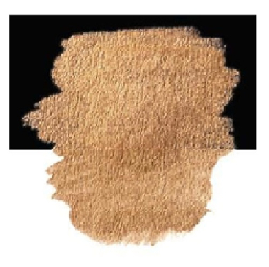 Beige foundation swatch smeared on a white background with a black rectangular backdrop behind it.