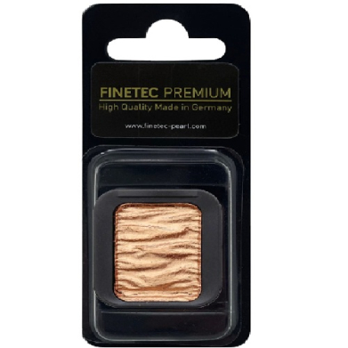 Copper-gold pearl pigment pressed into a small square cake in a black plastic case, labeled Finetec Premium