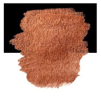 Copper-colored pigment smear spread irregularly over a white surface with a black strip above it.