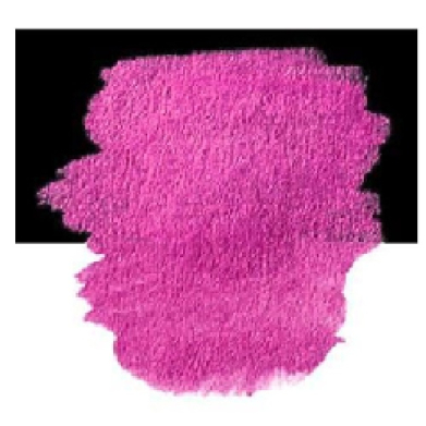 Magenta pink paint blotch smeared on a black background with irregular edges.