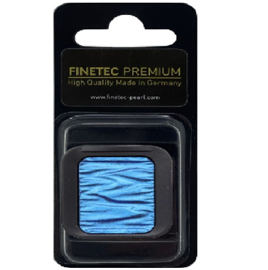 Finetec Premium pearl pigment in black packaging with a blue marbled square pigment in a protective frame