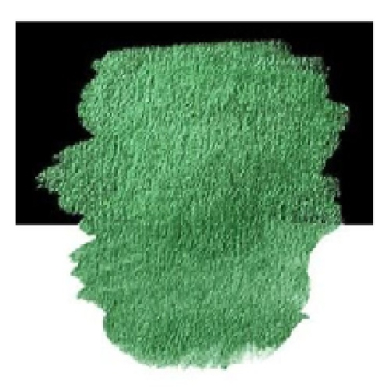Irregular green paint smear with textured strokes on a black background above a white area.