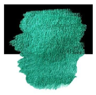 Teal textured paint smear on a black background with white space below.