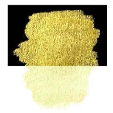 Gold metallic paint swatch on black background with a pale yellow wash beneath.